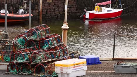 boat approaches harbor with stacked fishing traps