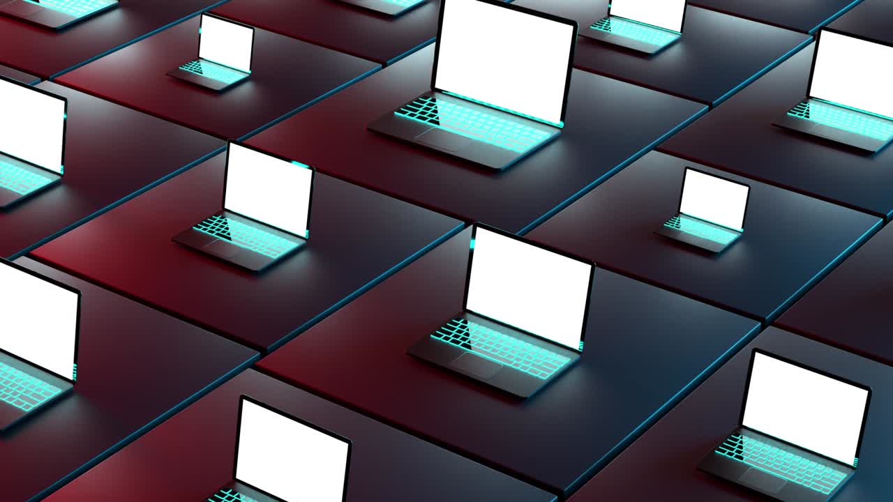 conjunto de muchas computadoras portátiles abiertas con pantallas brillantes y luz roja y azul. animación 4k, bucle infinito