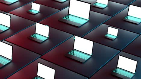 set of many open laptops with shiny screens and red and blue light. 4k animation, infinite loop