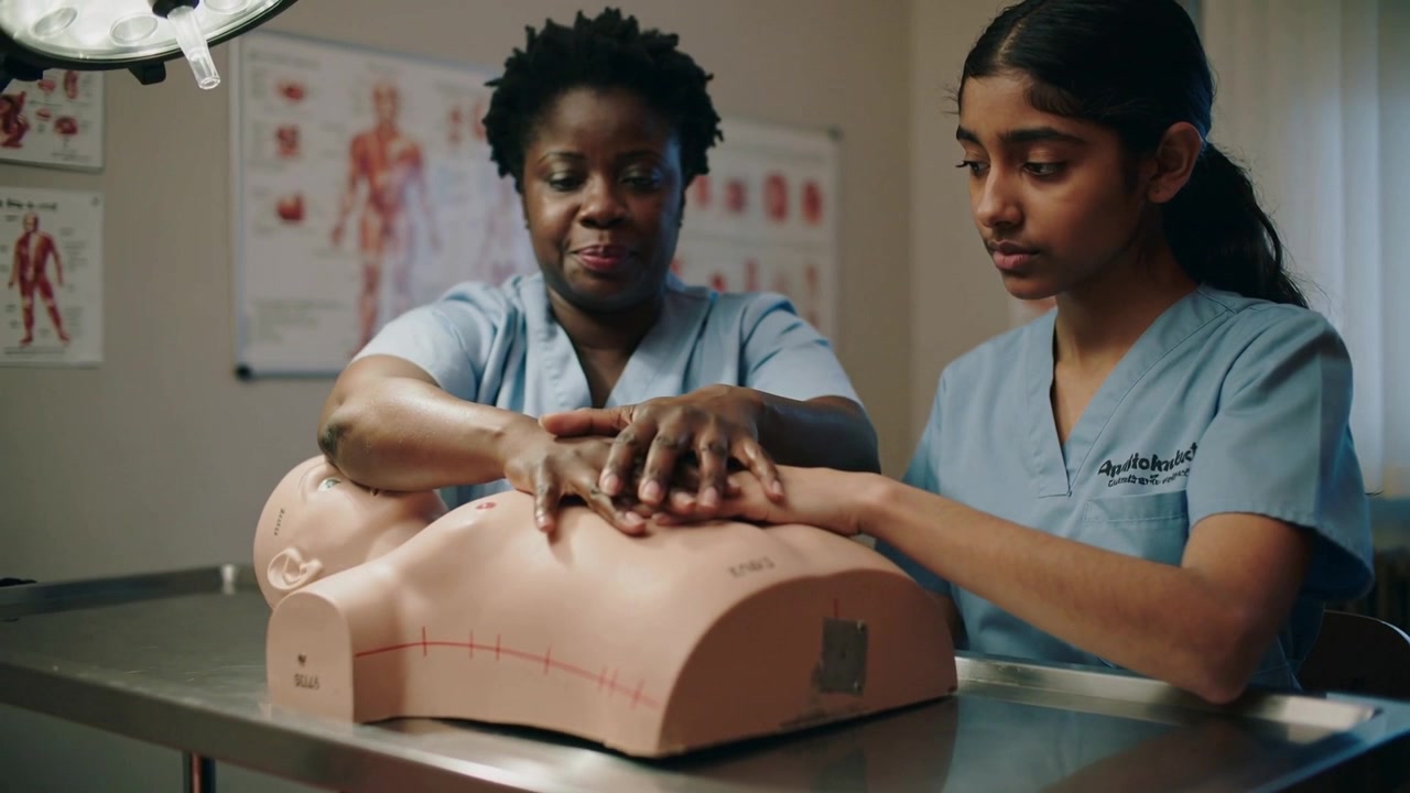 Placing hands trainer guiding student through CPR at lab, learning on manikin in light blue scrubs