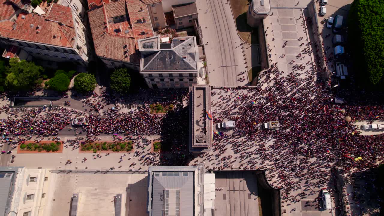 Aerial Bird's-eye view of Montpellier Pride March, France