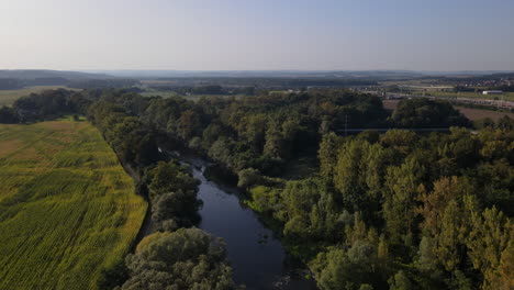 Fliegen-Sie-Auf-Dem-Fluss,-Umgeben-Von-Bäumen-Und-Stromleitungen,-Die-über-Den-Fluss-Führen