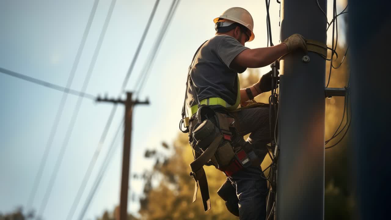 A low-angle shot of a utility worker climbing a pole, captured in warm, natural light