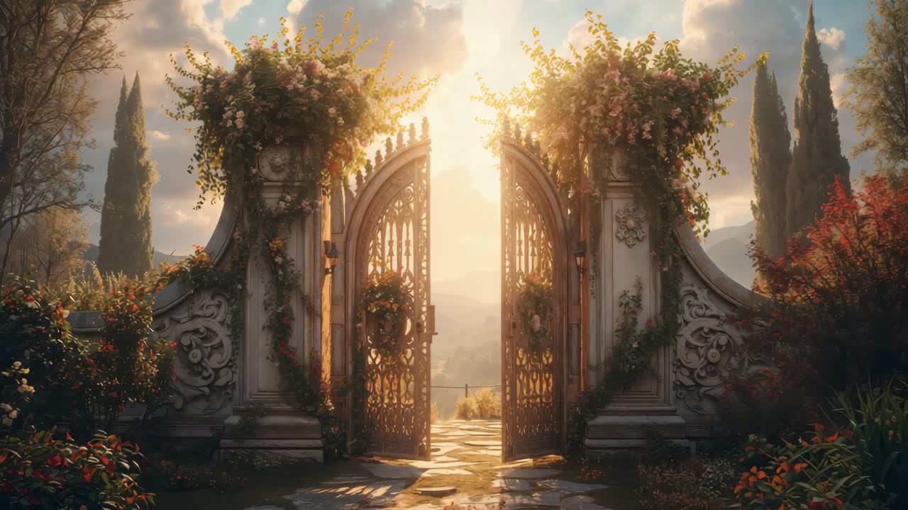 A beautiful garden gate leading to a scenic landscape