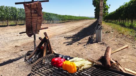 Typical-Argentinian-style-flame-ribs,-prepared-with-grilled-vegetables-in-the-middle-of-vineyards