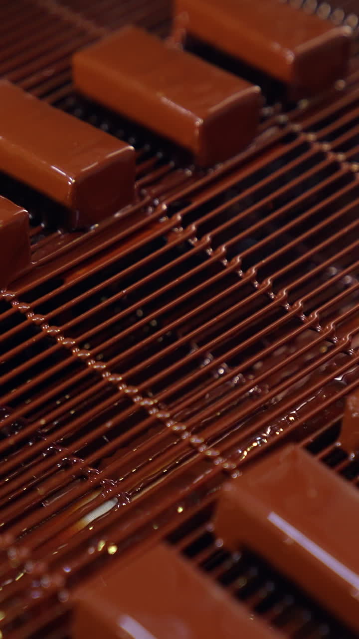 Delicious sweets freshly-covered with black chocolate glazing. Grid conveyor full of chocolate candies. Assembly line close up. Vertical video