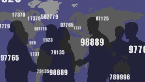 Animación-De-Números-Cambiando-Sobre-Personas-Dándose-La-Mano-Y-Mapa-Mundial