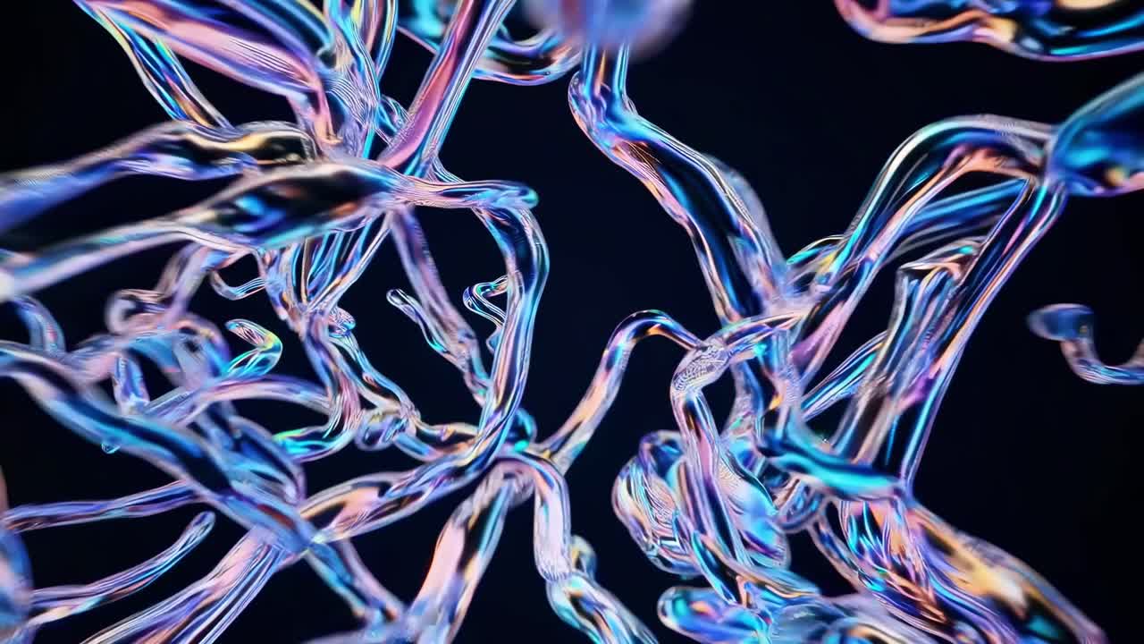 Iridescent abstract glass structure with vibrant colors on a dark background creating a dynamic and modern visual effect