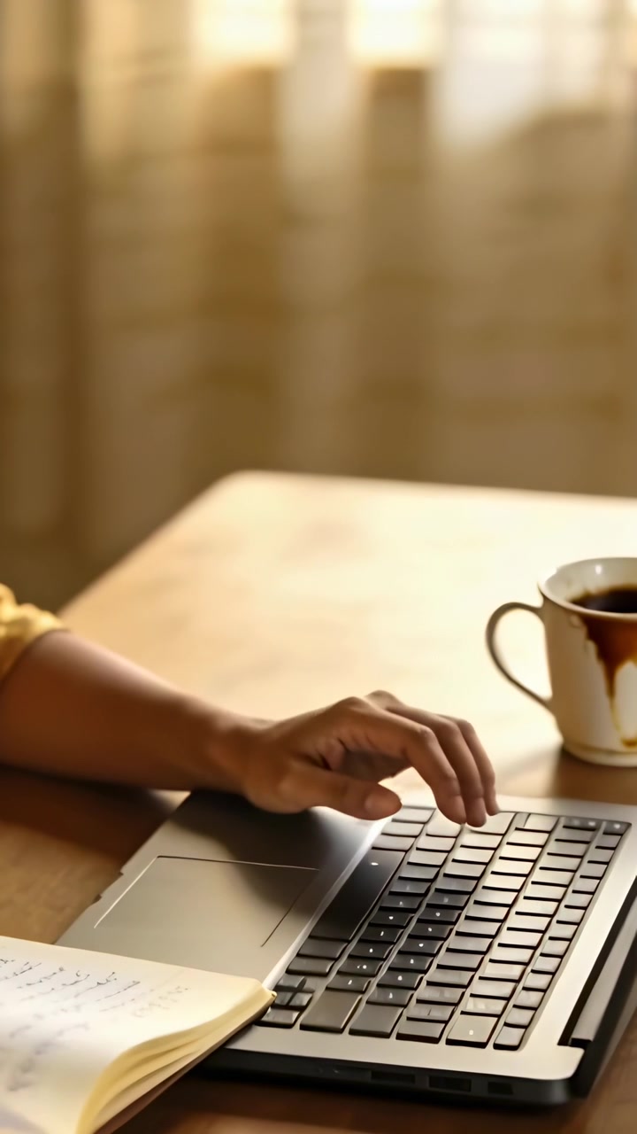 Video verticale: Sfogliare pagine di quaderno, studente con maglia a maniche lunghe gialla che digita sul laptop a casa, tazza
