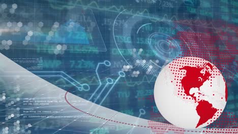 Animation-of-computer-circuit-board,-data-processing-over-globe