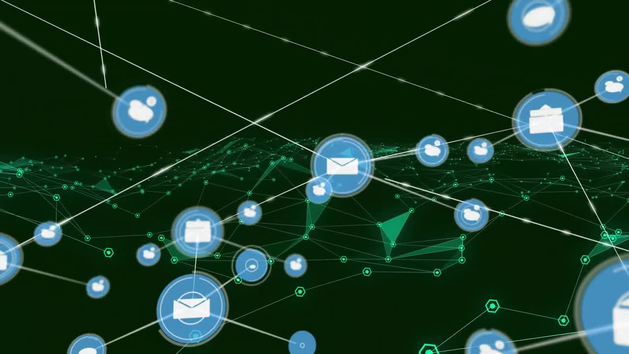 Animation of network of digital icons over green plexus networks against black background