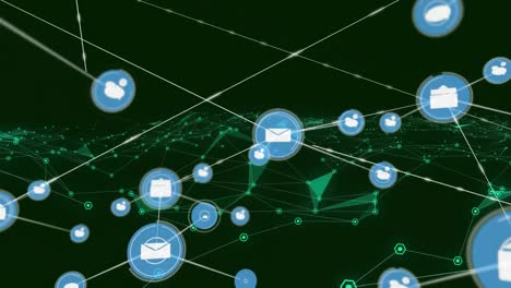 Animation-Eines-Netzwerks-Digitaler-Symbole-über-Grünen-Plexusnetzwerken-Vor-Schwarzem-Hintergrund