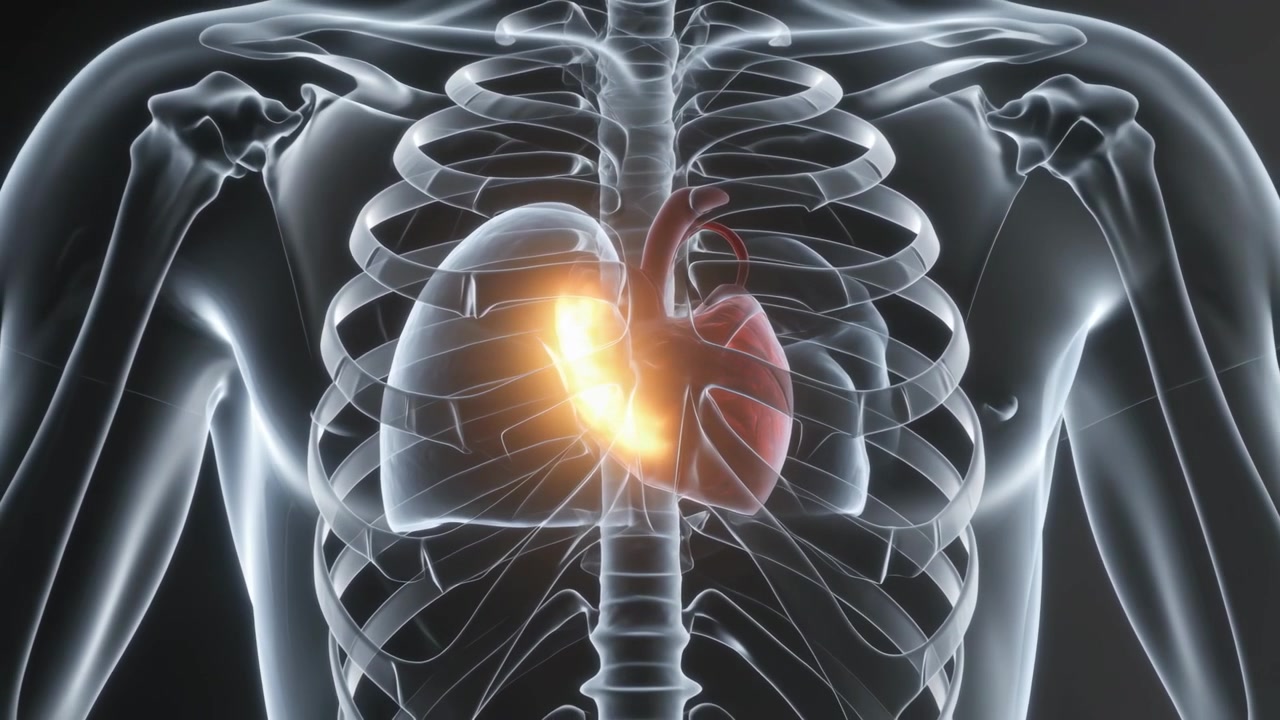 Allontanando la telecamera, mostrando un torso trasparente con costole, polmoni, cuore e un punto caldo pulsante in clinica.