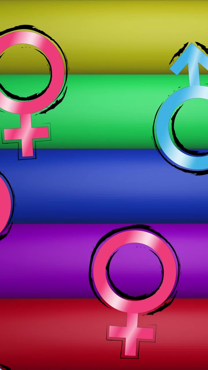 Animazione di simboli maschili e femminili su strisce e colori arcobaleno in movimento su un loop continuo
