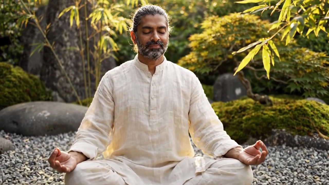 Serenità e consapevolezza: un'esperienza meditativa in un tranquillo giardino giapponese, che enfatizza l'armonia della natura e la pace interiore.