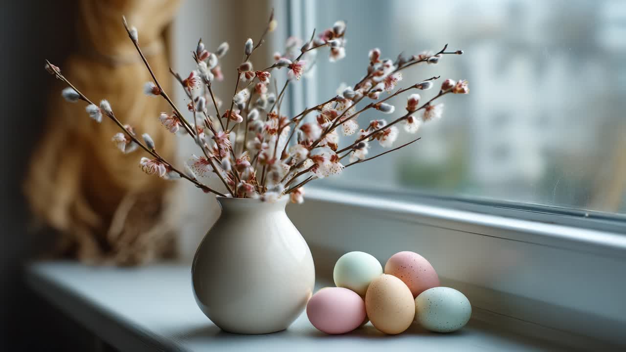 A Charming Display of Springtime Elegance Featuring a Vase of Delicate Blossoms and Colorful Easter Eggs by the Window for a Joyful Seasonal Aesthetic