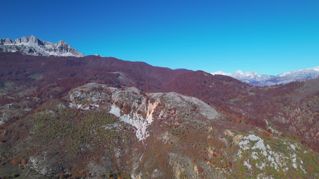 숲의 화려한 단풍으로 뒤덮인 산과 언덕이 있는 가을의 아름다운 범위