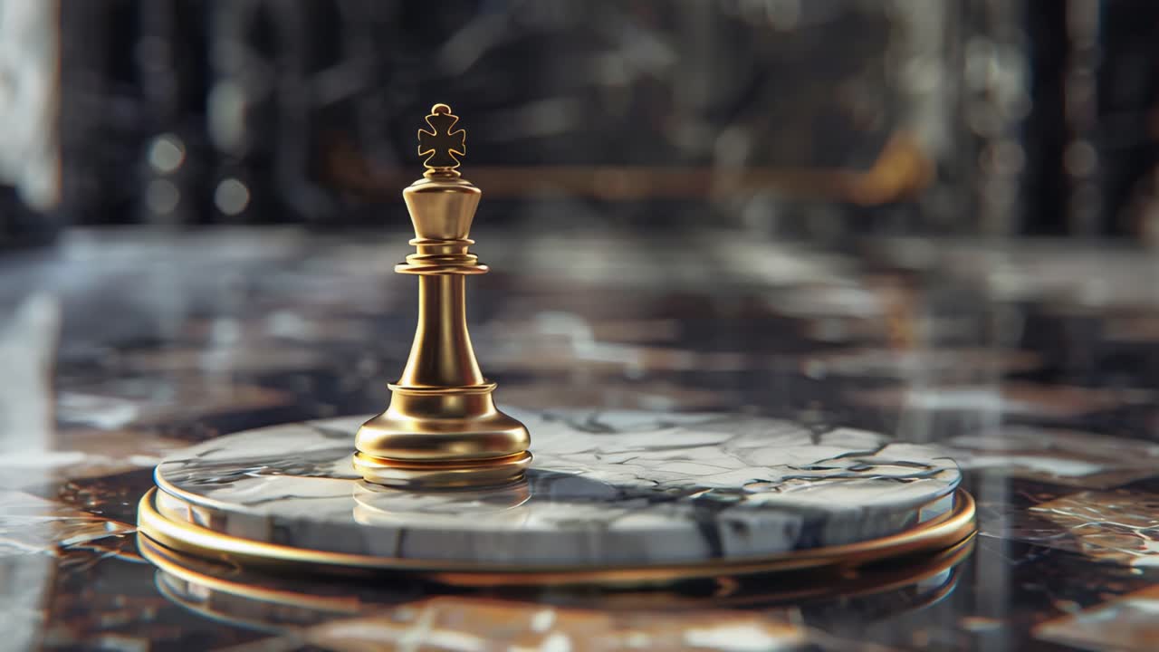 Close-up of a chess piece on a large chessboard