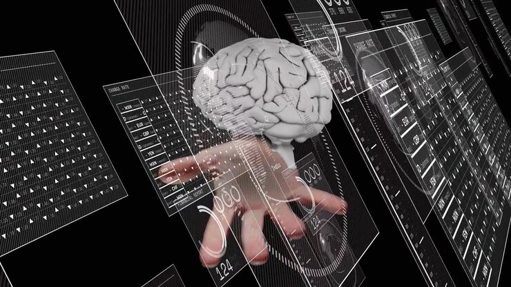 Vertical video: Hand entering holding 3D brain over palm, HUD panels rotating, showing health data