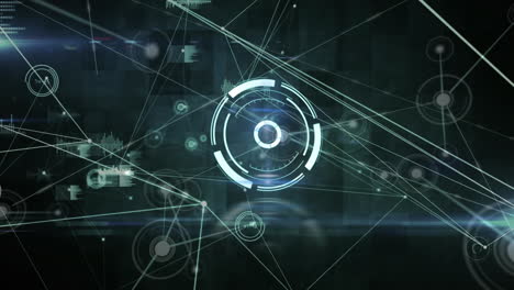 animación digital del escáner redondo y la red de conexiones sobre el punto de luz sobre fondo negro