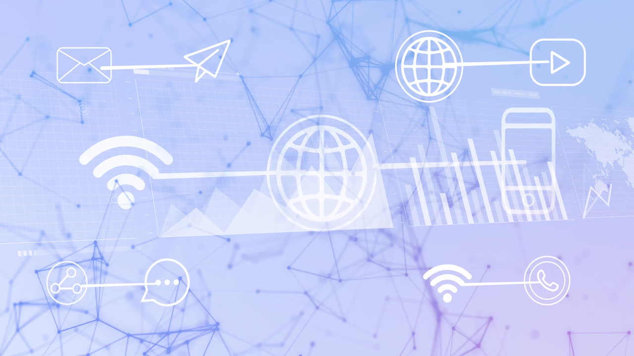 Animation of digital communication icons and graphs over abstract network background