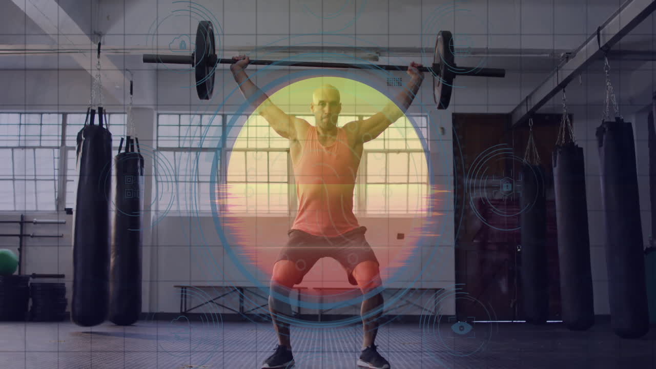 Man lifting weights in gym with digital interface animation overlay