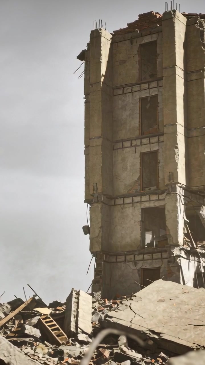 Video verticale: Panoramica che rivela una torre danneggiata alla base con una scala tra le macerie, spazio per il testo