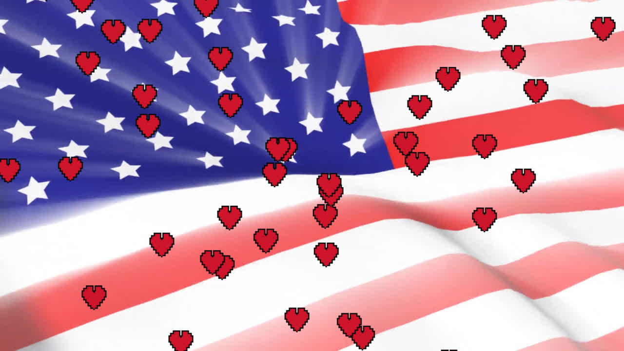Pixelated red hearts scattered in front of American flag animation background