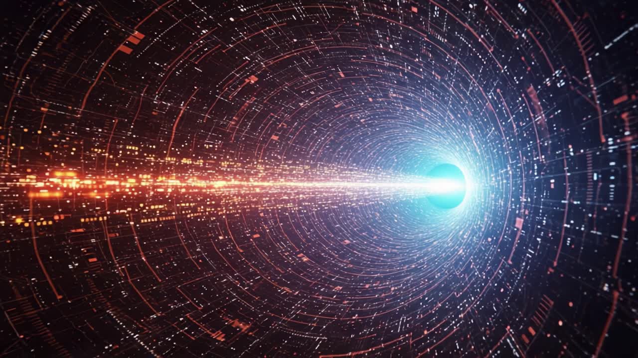 A mesmerizing journey through a cosmic tunnel, showcasing the captivating motion of vibrant energy particles spiraling towards a central luminous point in a digital universe