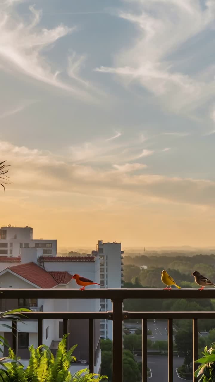 Video vertical: Encuadre descendente mostrando tres pájaros posados en la barandilla de un balcón, cerca de plantas en macetas.