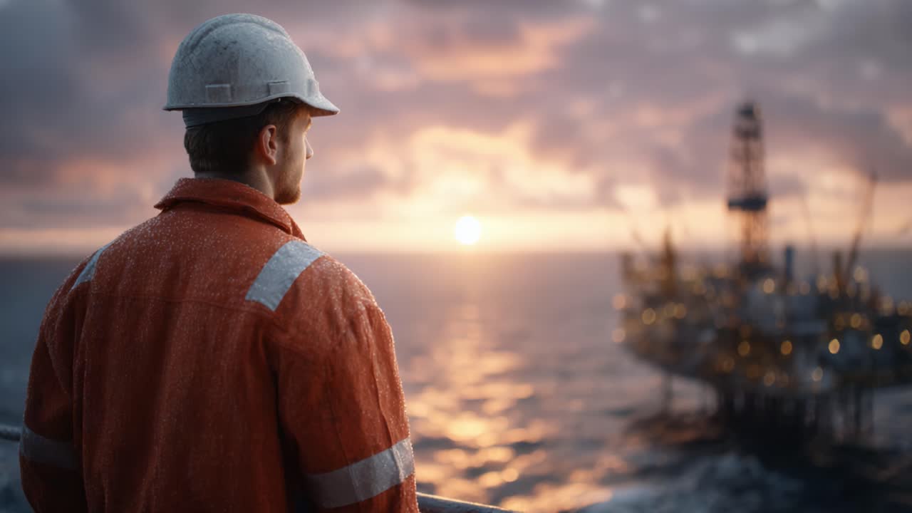 Um trabalhador solitário com equipamento de segurança observa uma plataforma de petróleo marítima enquanto o sol se põe no horizonte, mostrando os desafios e a beleza do trabalho marítimo