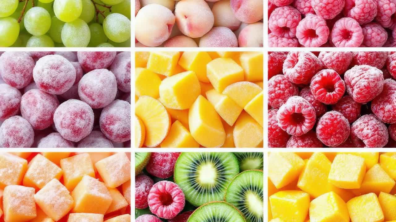 Vibrant frozen fruit assortment featuring raspberries, kiwi, grapes, peaches, pineapple slices arranged artistically