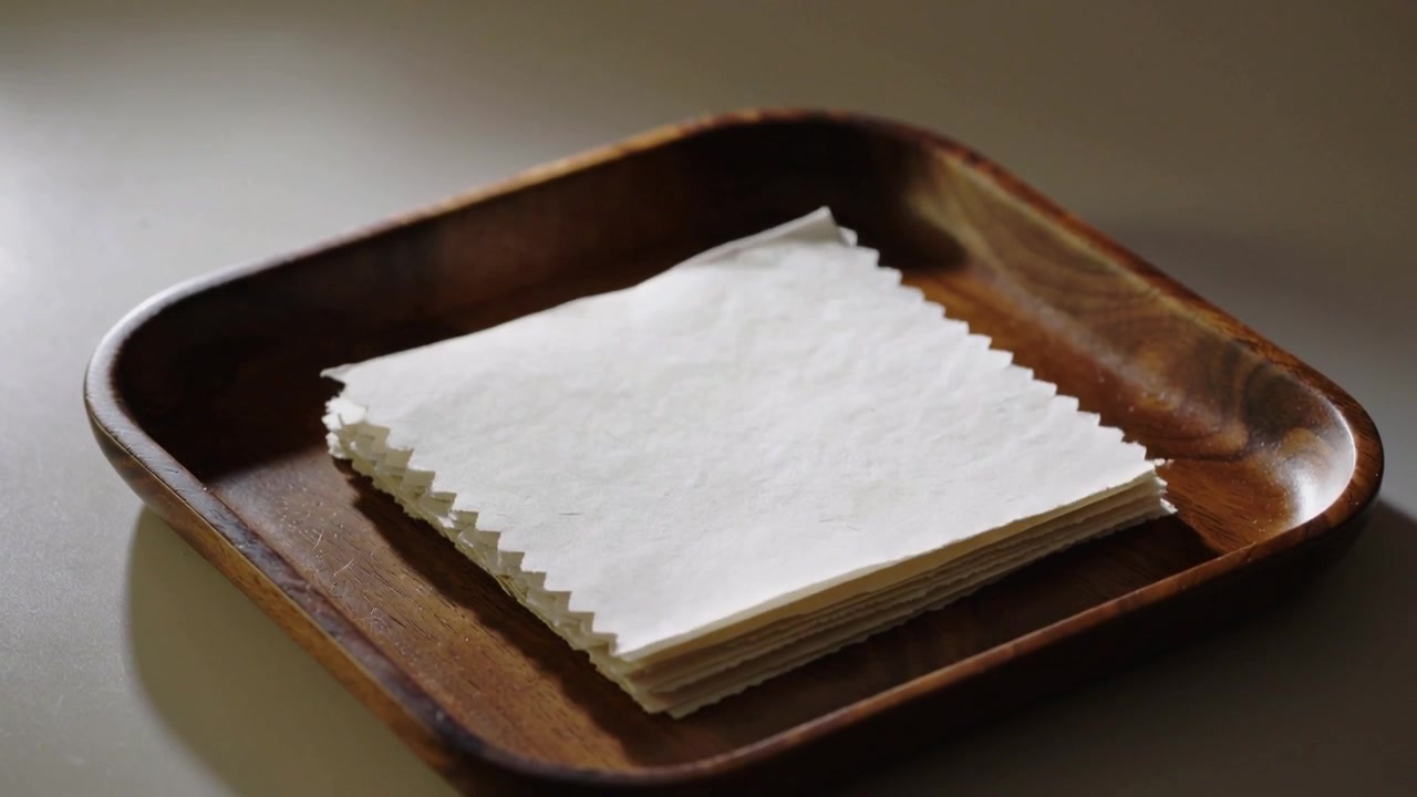 Curling top sheet from front, scalloped sheets rotating settling on tray on tabletop regaining pile