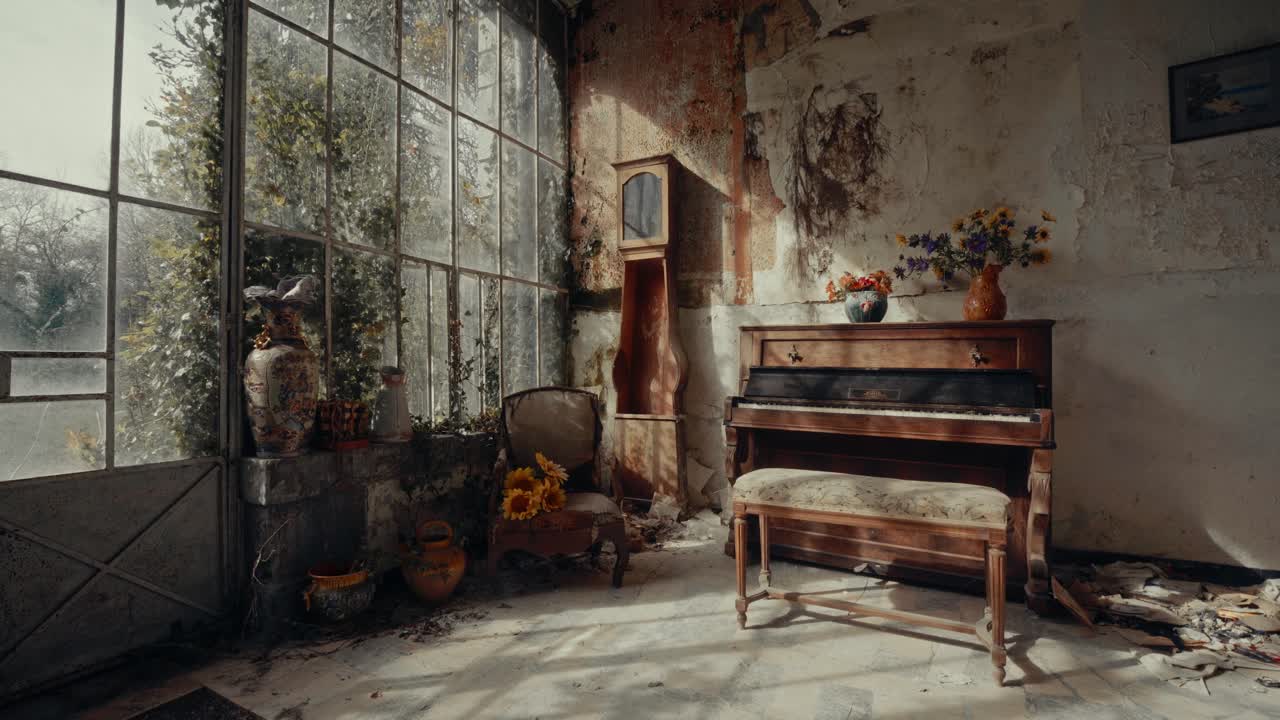 Abandoned Room with Old Piano, Grandfather Clock, and Sunlight Through Window