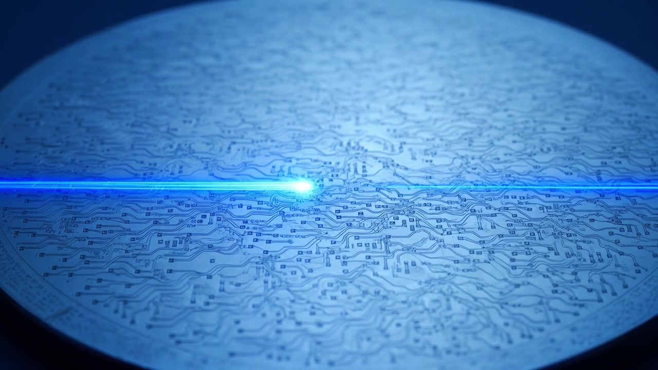 Laser blu che scansiona un wafer di microchip di silicio