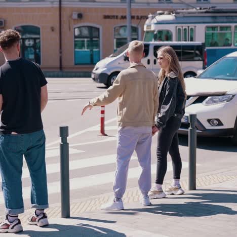 happy friends crosses the road