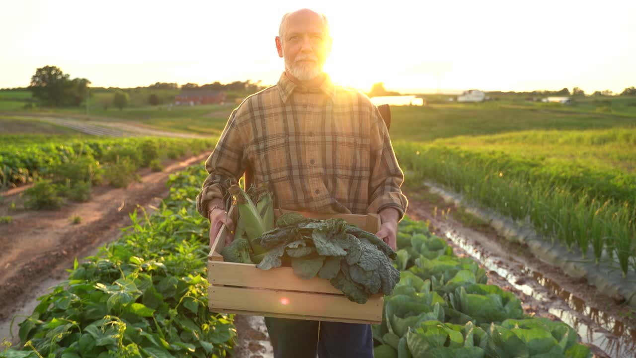 Close up portrait of senior caucasian good looking wise man farmer looking at the side, turning face to the camera in a field