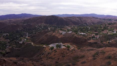 aerial wide shot of a southern ca foothill community