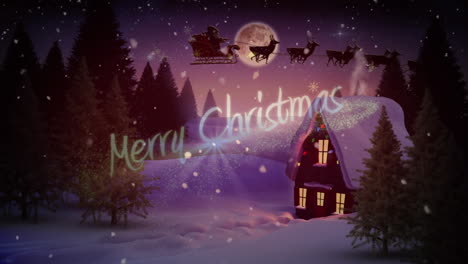 animación de paisajes de invierno con texto de feliz navidad y papá noel en trineo