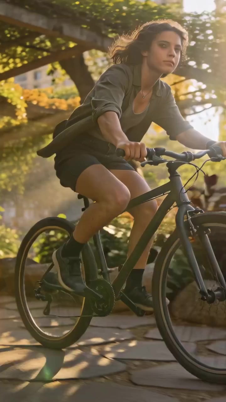 Vídeo vertical: Mulher pedalando de bicicleta levantando poeira em caminho de pedra no parque, com camisa verde