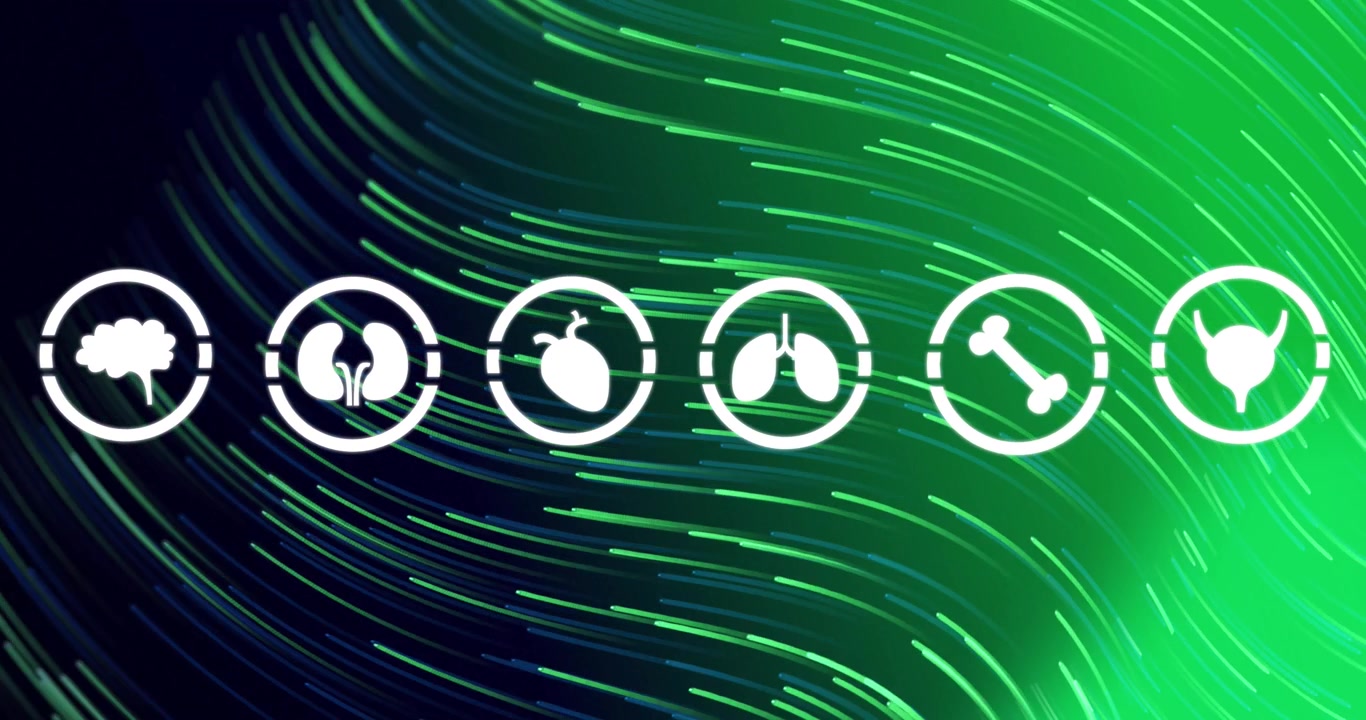 Animated Human Organ Icons on a Glowing Green and Blue Digital Background