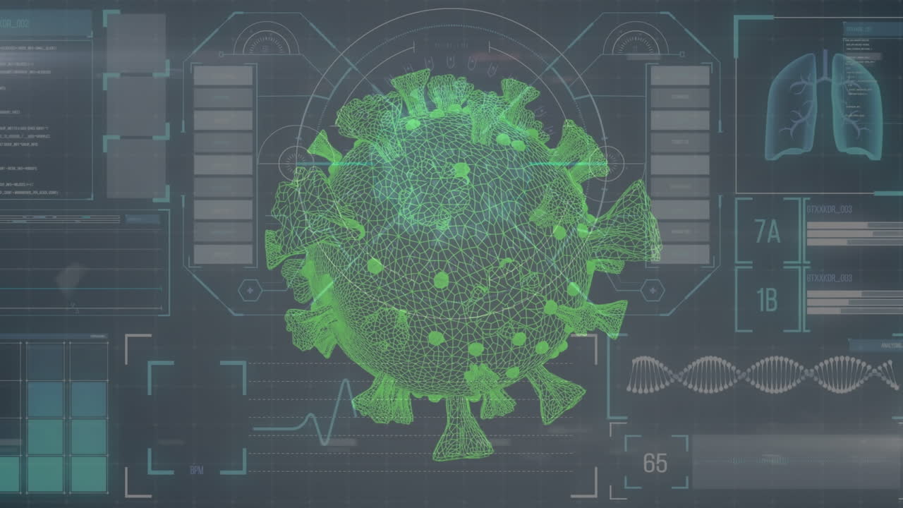 animación de la célula de covid 19 y procesamiento de datos