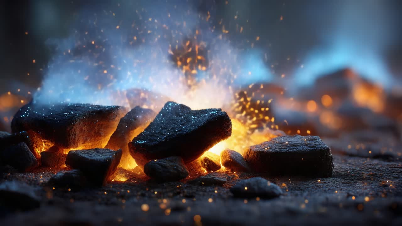 Glowing Coals Emitting Sparks and Smoke in a Dark Environment: A Captivating Display of Heat and Light as Rocks Illuminate with Vibrant Colors