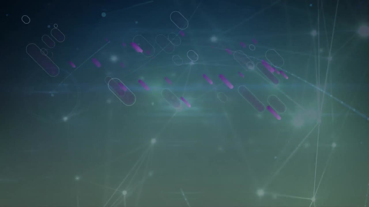 animación de formas púrpuras que caen sobre una red de conexiones sobre un fondo azul oscuro
