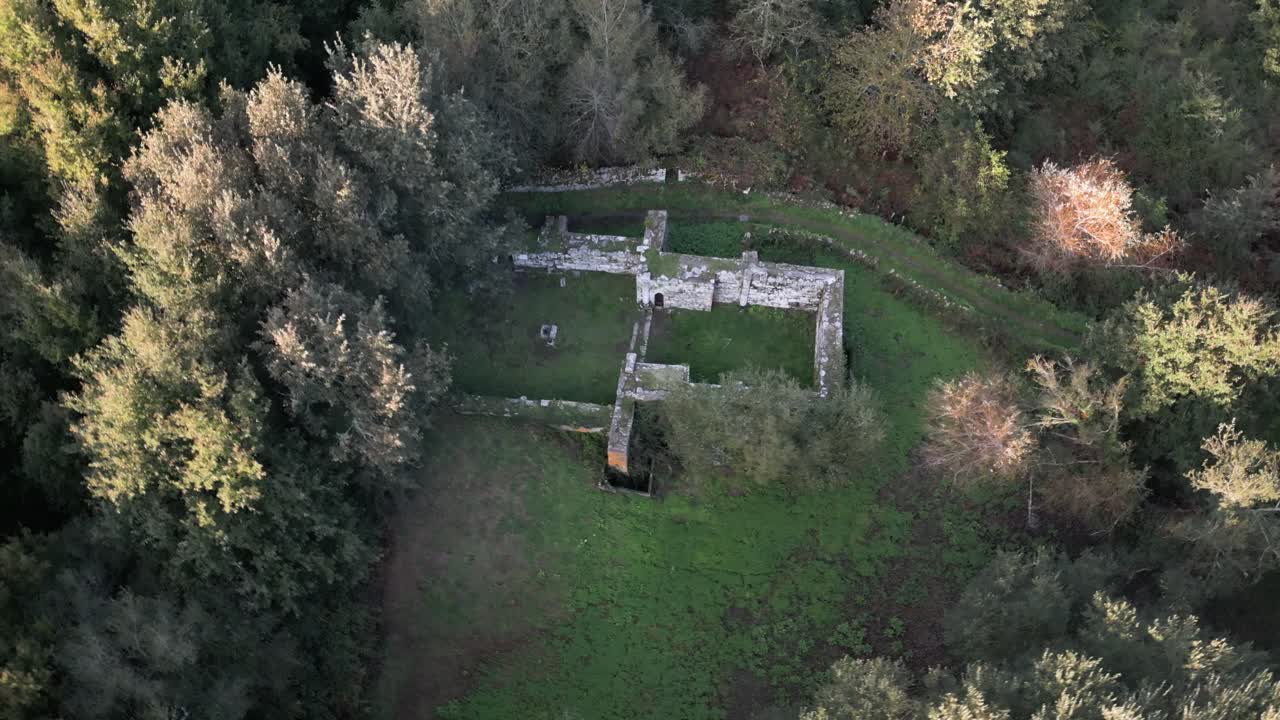 Aerial View of Ancient Stone Ruins in a Forest