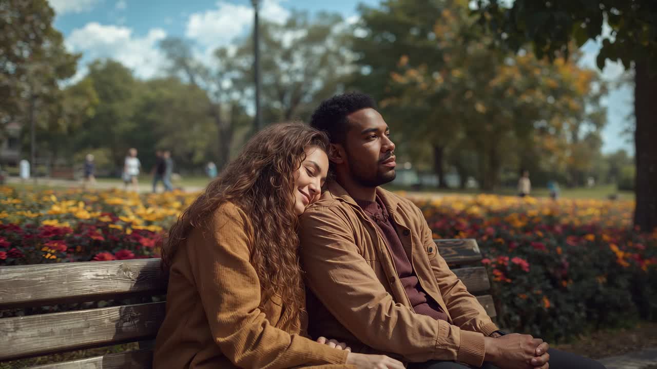 Leaning woman placing head on man's shoulder for comfort, sitting on park bench near flowerbed