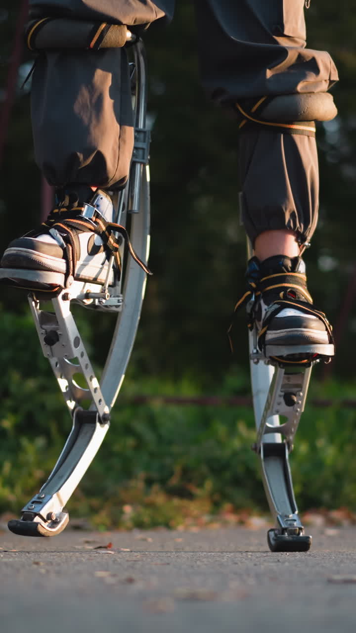 주문으로 만들어진 금속 은색 스프링 스에 넣은 느슨한 회색 갈색 화물 바지를 입고 점프하는 사람의 하부. 흐릿한 녹색 공원 배경에 포착