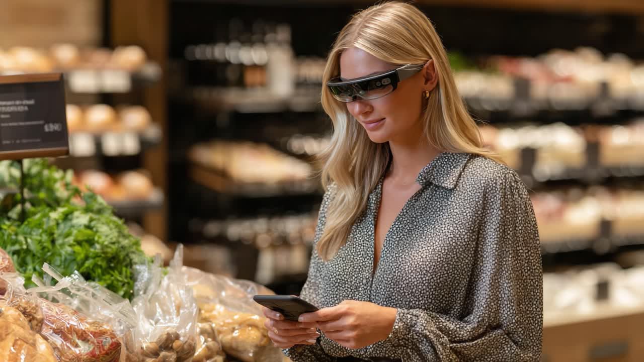 Exploring Innovative Technology in Grocery Shopping: A Modern Woman Utilizing Smart Glasses While Browsing Fresh Produce and Checking Items on Her Phone