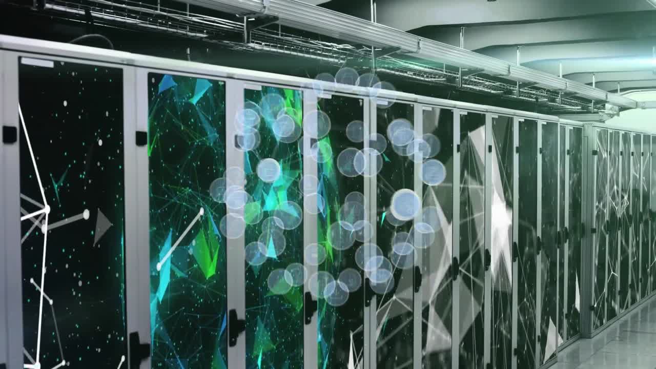 Animation of globe of digital icons and plexus networks against computer server room
