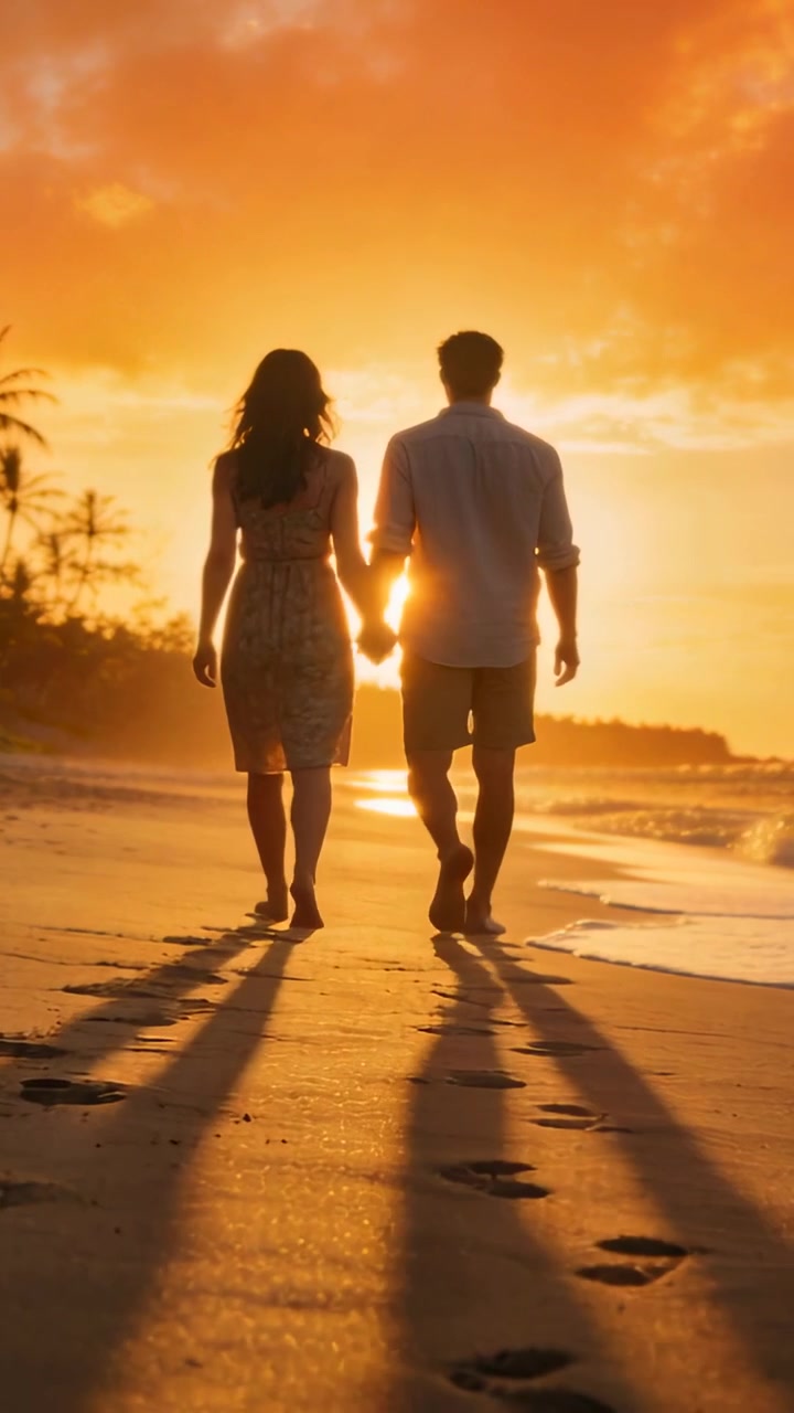 Video verticale: Coppia che cammina verso il sole tenendosi per mano, lasciando impronte, lei in vestito e lui in pantaloncini, sulla spiaggia